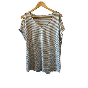 Grey & Cream Striped Button Detail Slit Shoulder Loose Fit Top L